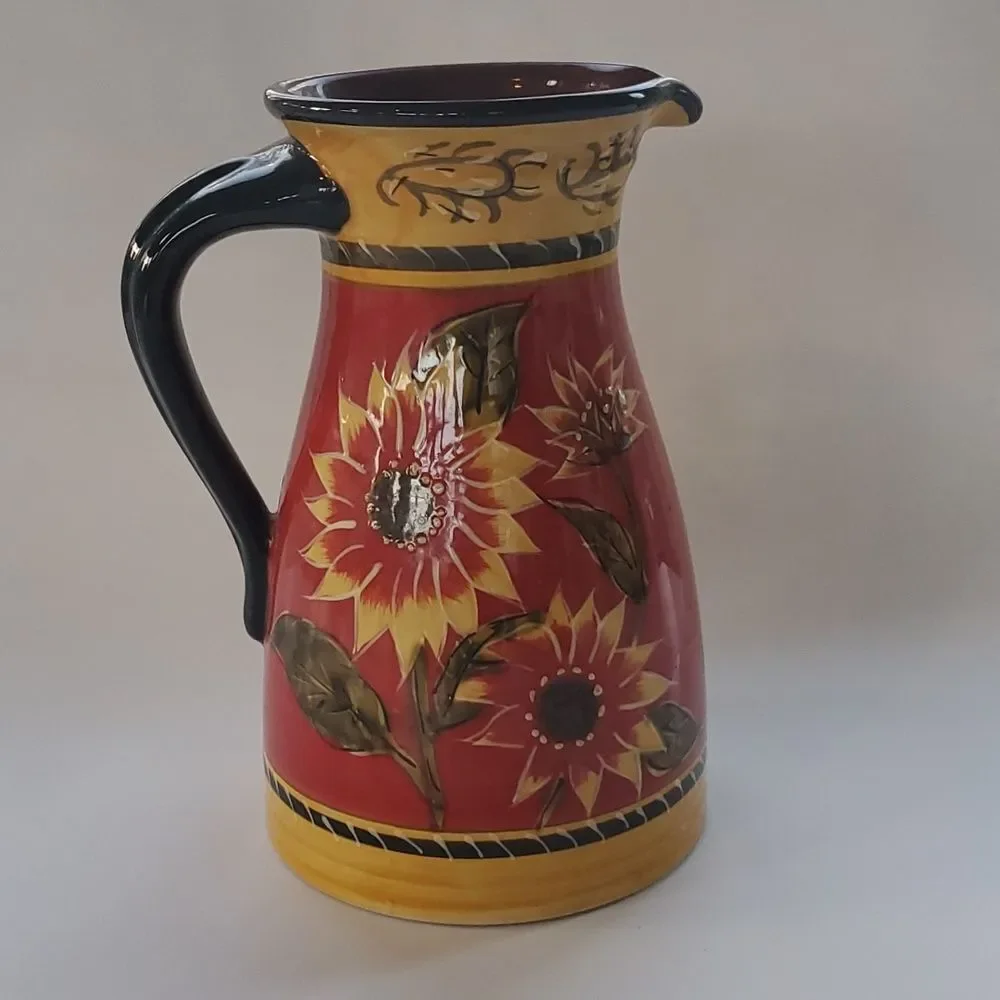 PIER 1 ONE SUNFLOWER PITCHER RED YELLOW BLACK FRENCH COUNTRY COTTAGE HOMEY